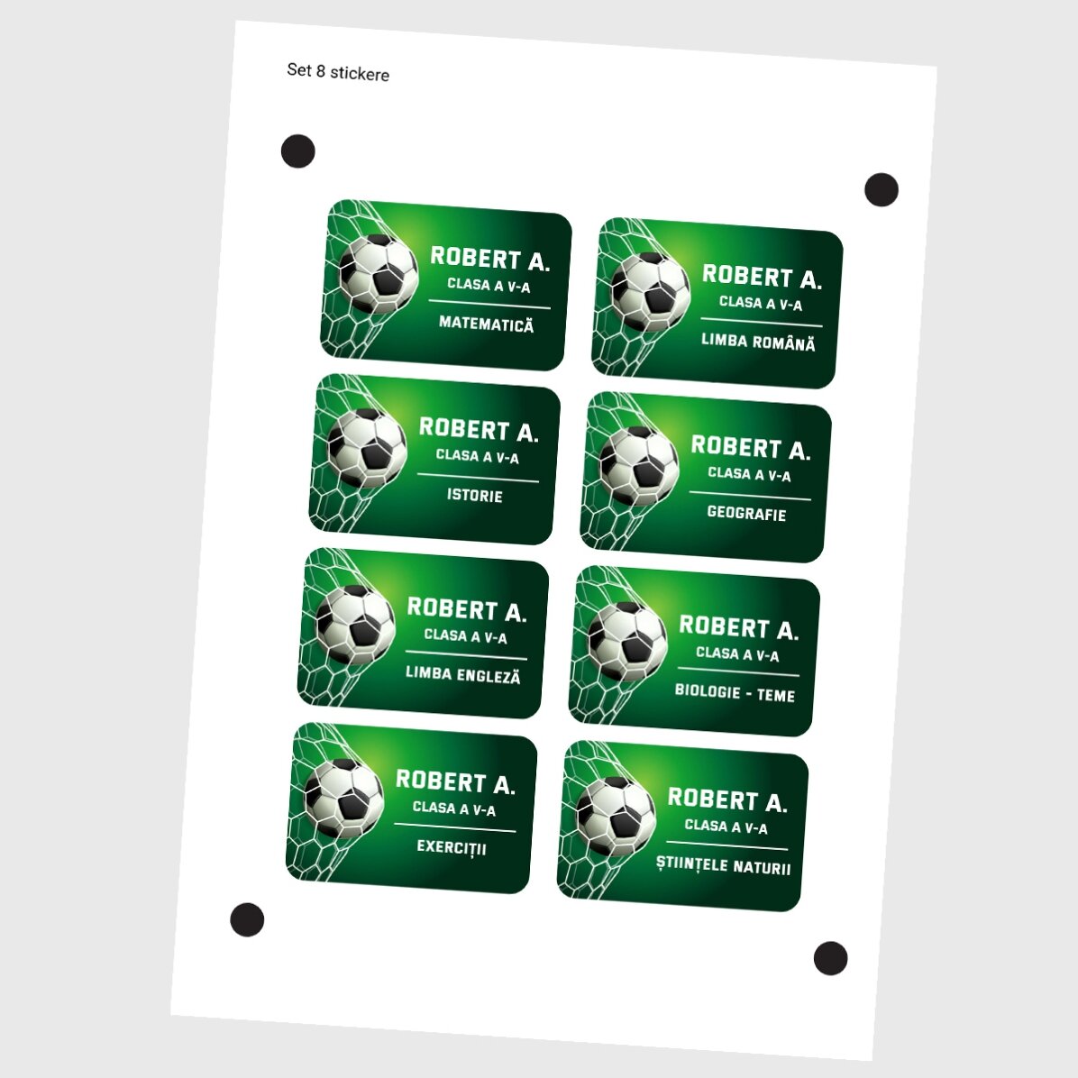 Set di 8 adesivi (etichette autoadesive) personalizzati per la scuola - Calcio