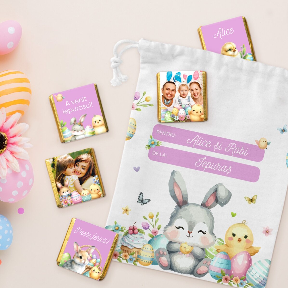 Set personalizzato - sacchettino e 5 mini cioccolatini - Dal coniglietto