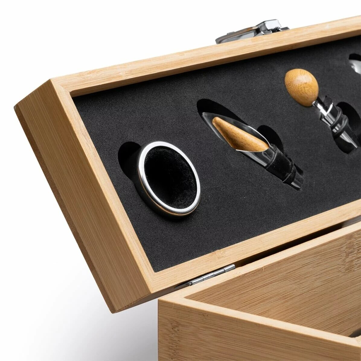 Gift set of wine bottle and bamboo box with accessories