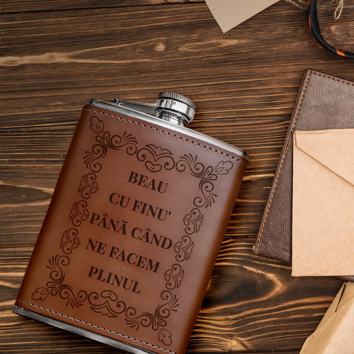 Fiaschetta da tasca rivestita in pelle e personalizzata con un messaggio - Elegant