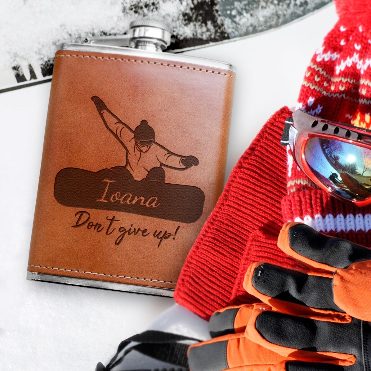 Fiaschetta da tasca rivestita in pelle, personalizzata con nome e messaggio - Snowboard