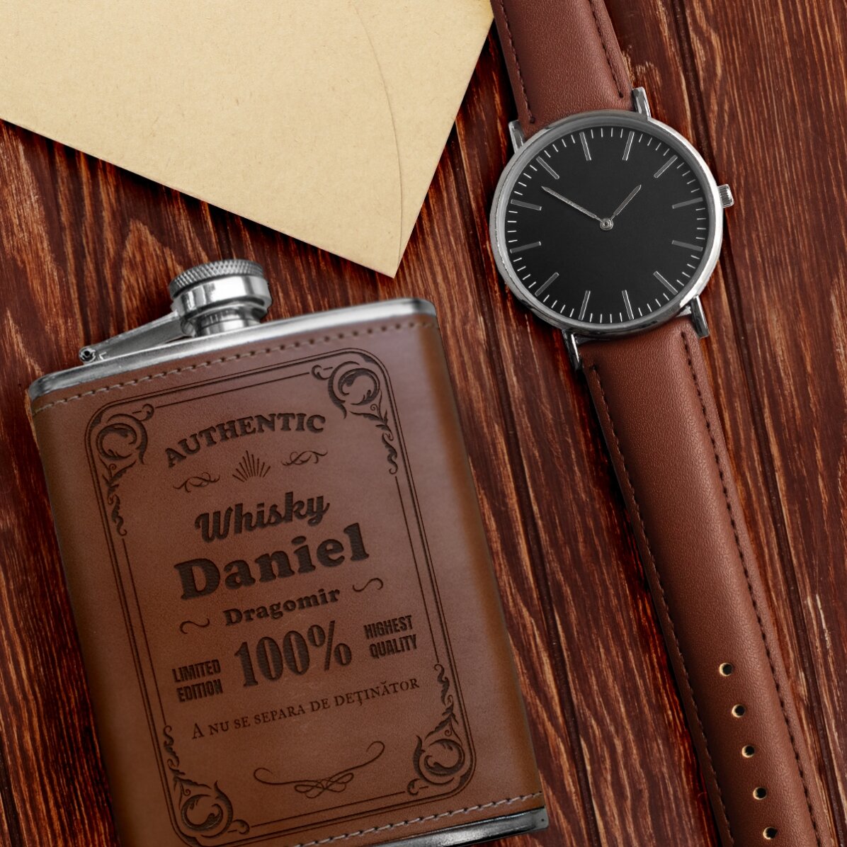 Bottiglietta da tasca personalizzata rivestita in pelle - Authentic Drink