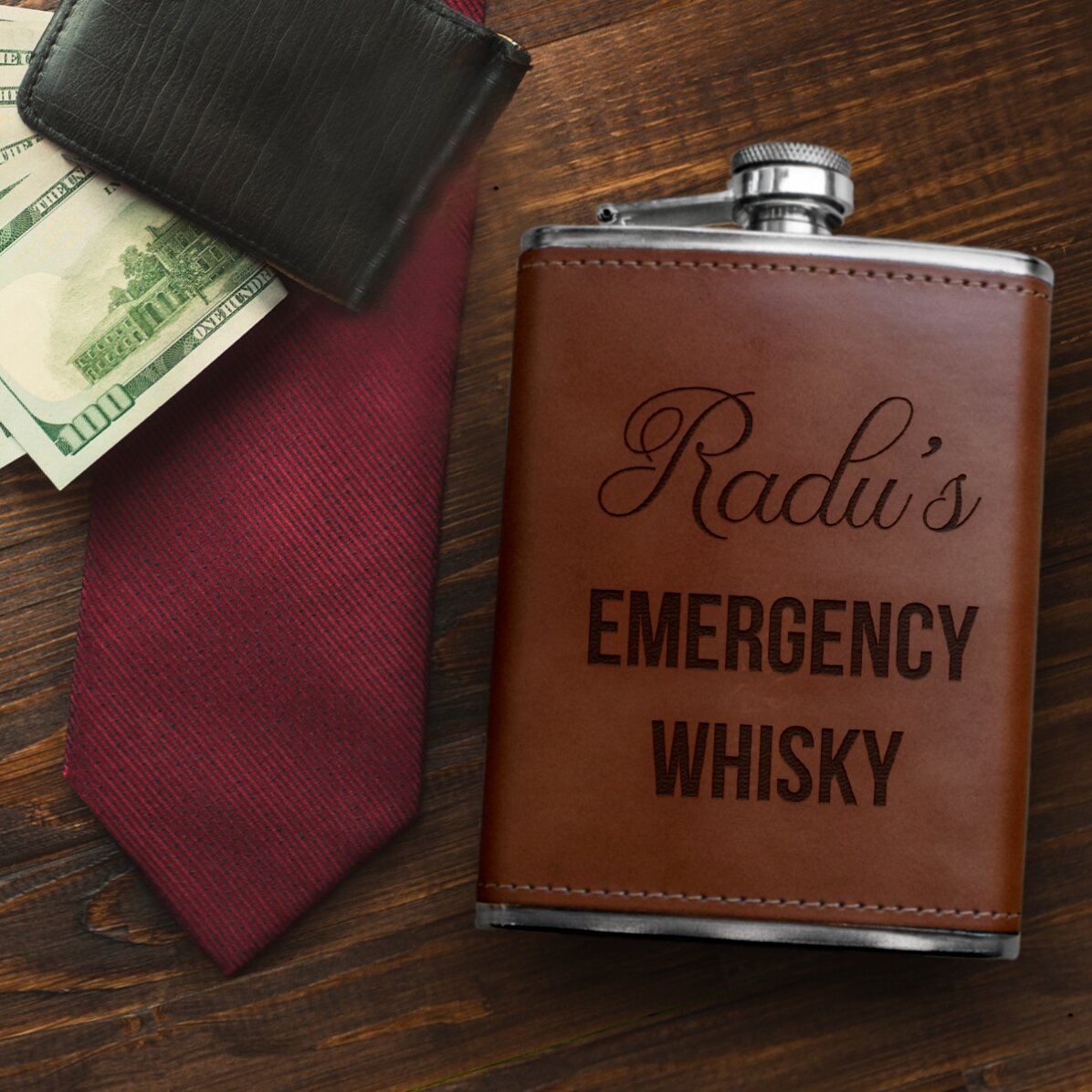 Bottiglietta tascabile personalizzata rivestita in pelle - Emergency Tequila