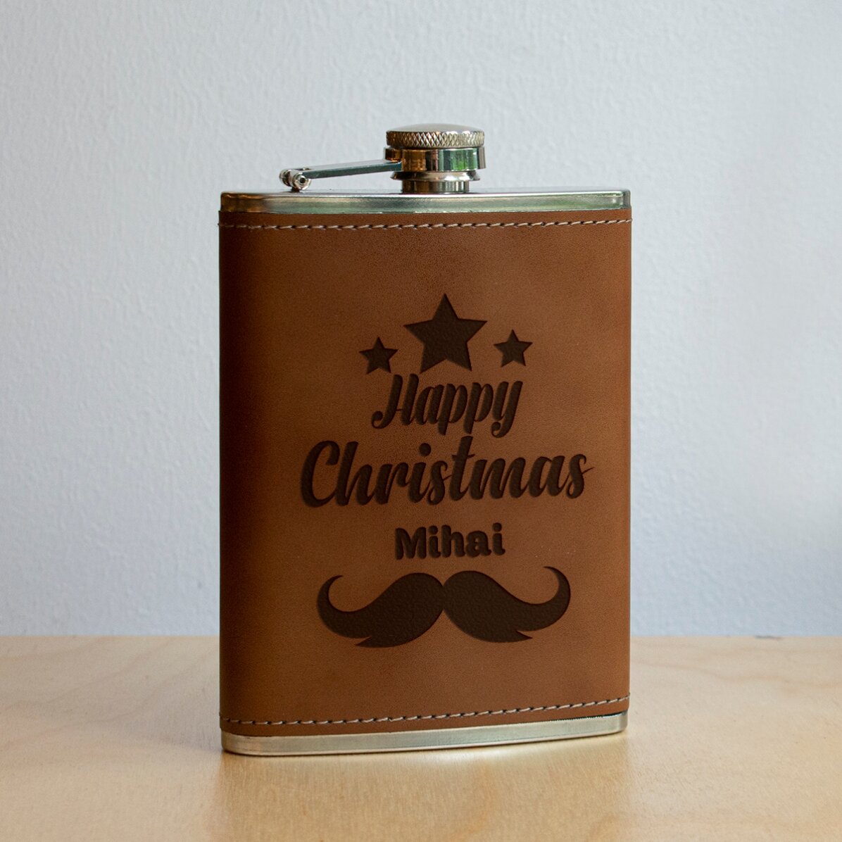 Bottiglietta tascabile personalizzata rivestita in pelle - Happy Christmas
