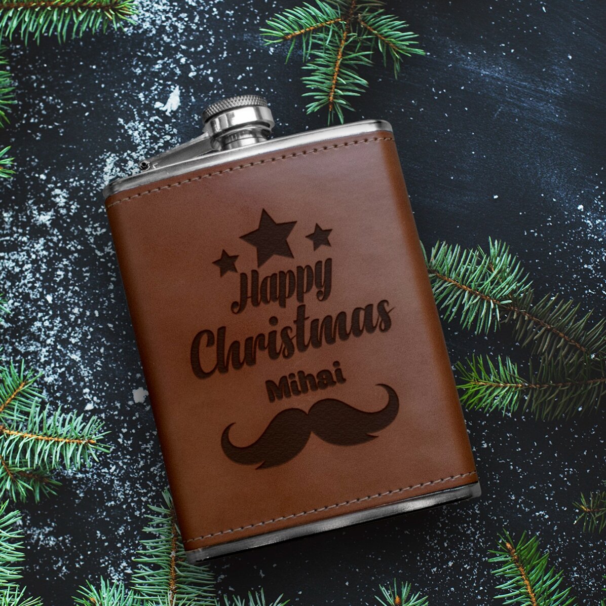Bottiglietta tascabile personalizzata rivestita in pelle - Happy Christmas