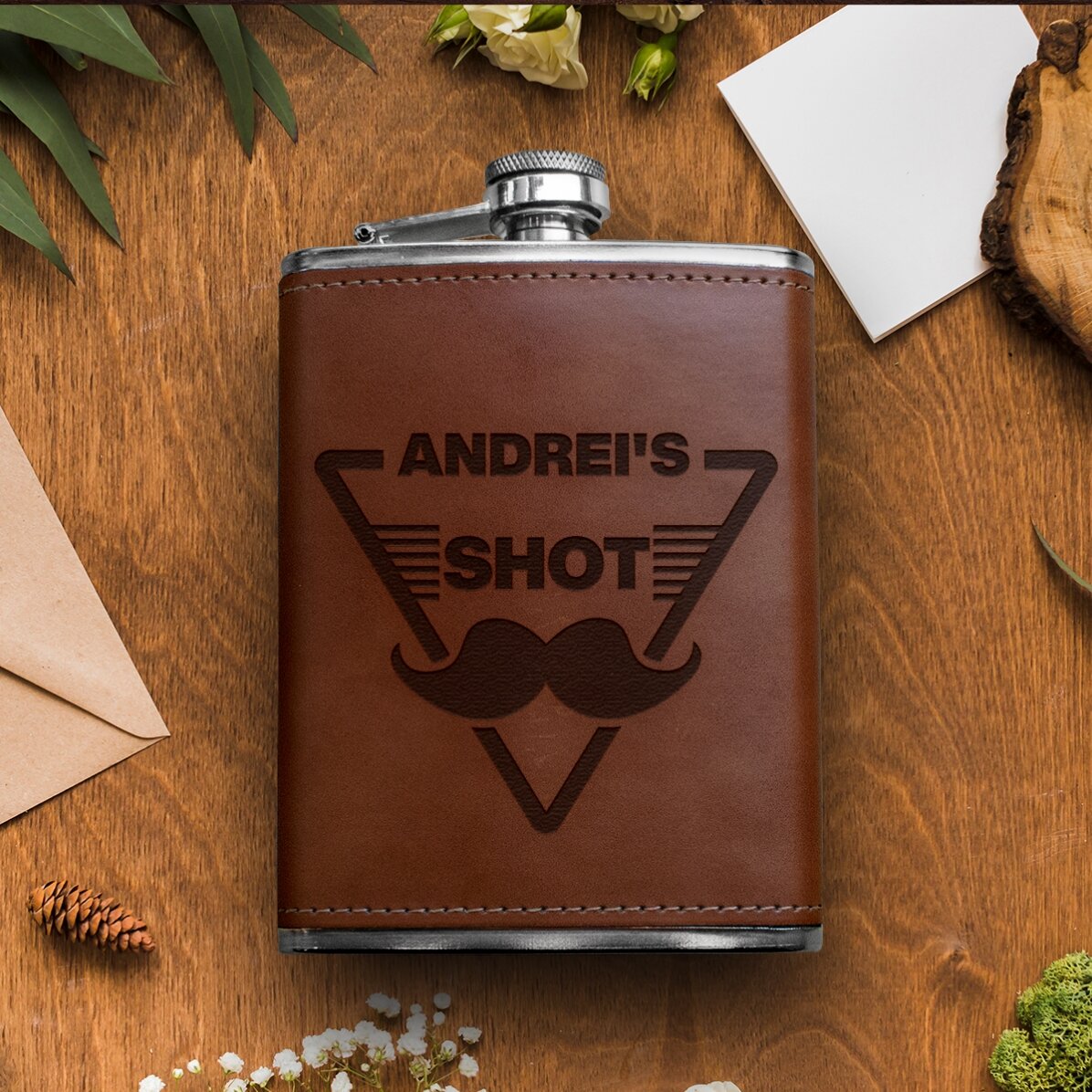 Personalised leather-covered pocket flask - Shot