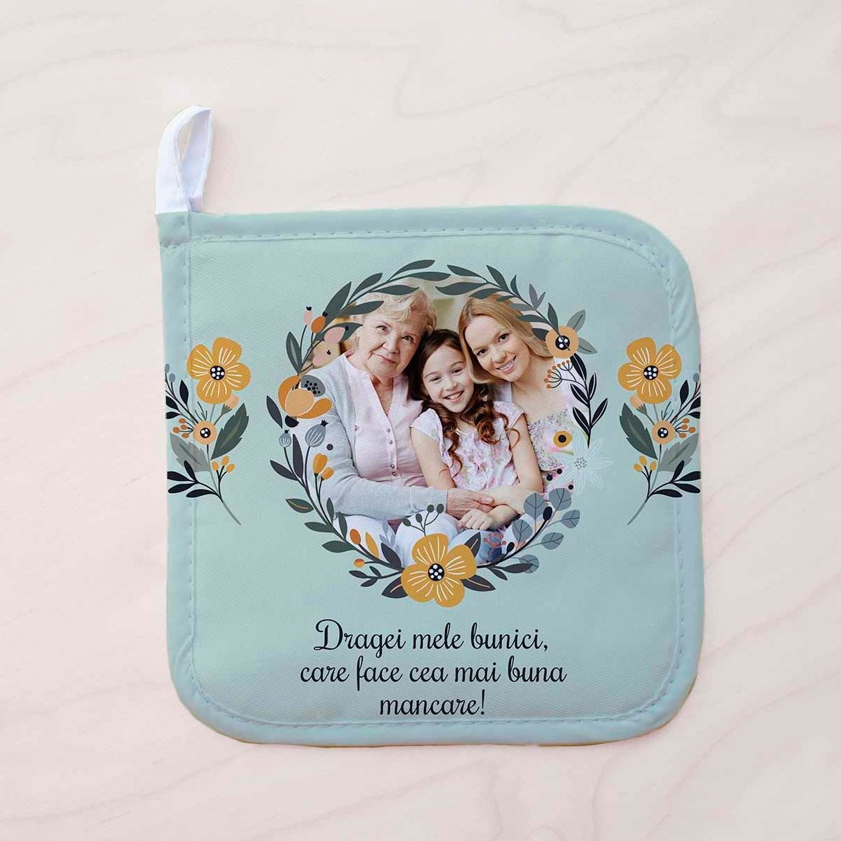 Supporto per pentole calde personalizzato con foto e testo - Modello "fiori"