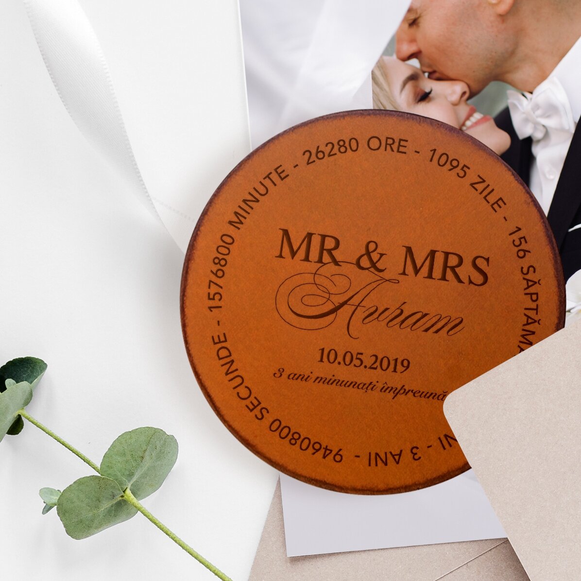 Sottobicchiere in pelle personalizzato con scritta - Mr & Mrs
