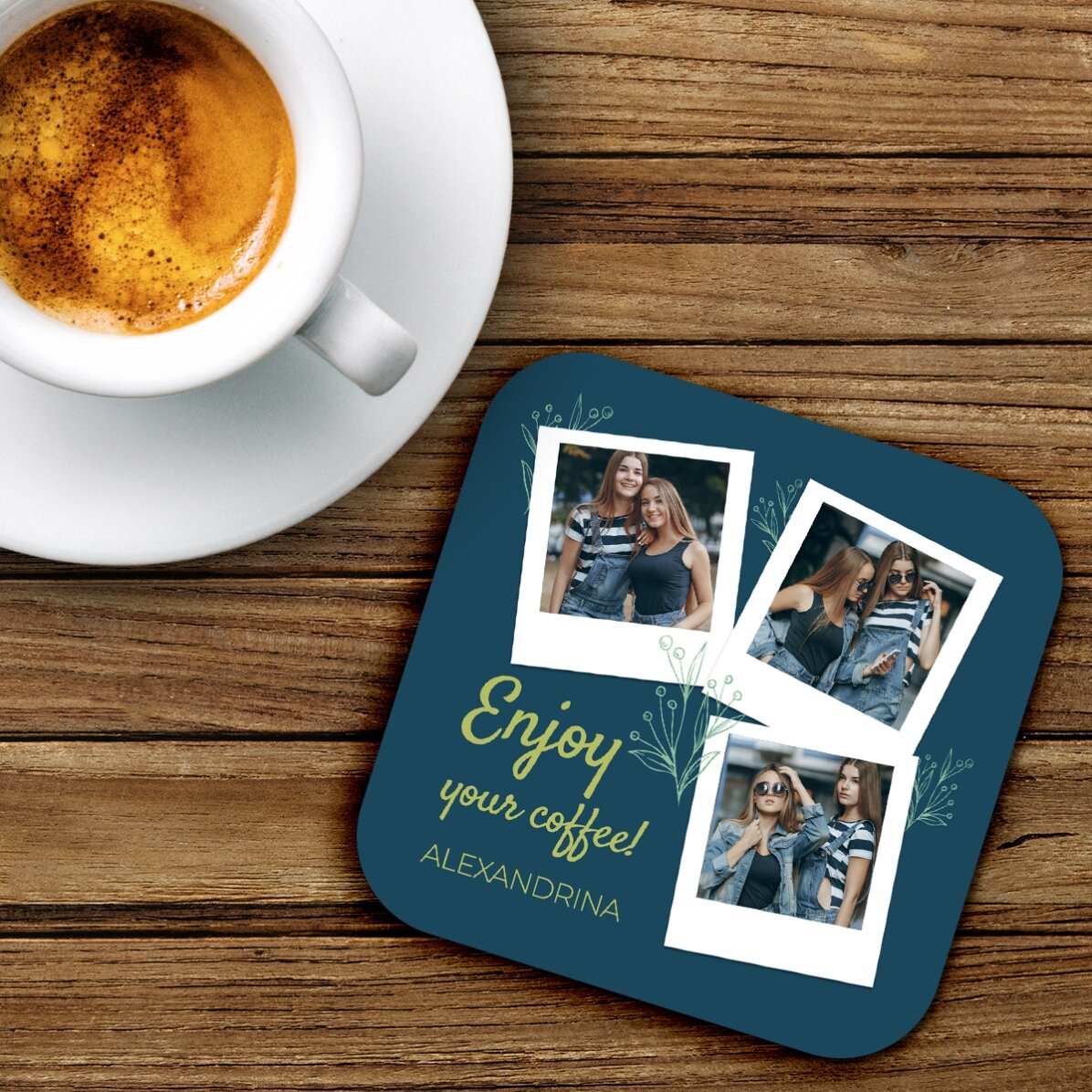 Sottobicchiere personalizzato con 3 foto e testo - Enjoy your coffee