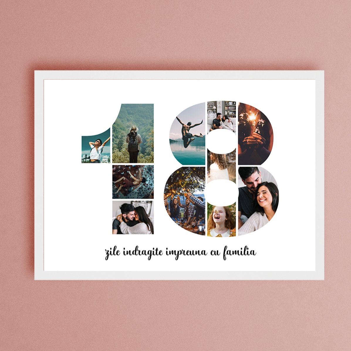 Quadro paesaggistico personalizzato con 11 foto, modello n. 18 e messaggio di testo