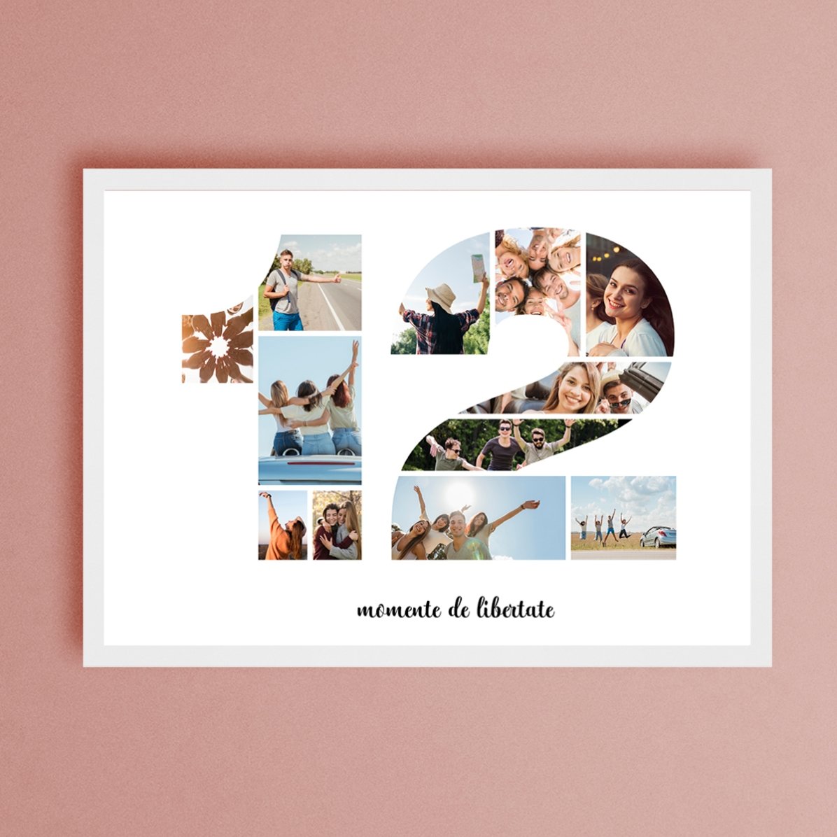 Quadro paesaggistico personalizzato con 12 foto, modello n. 12 e messaggio di testo