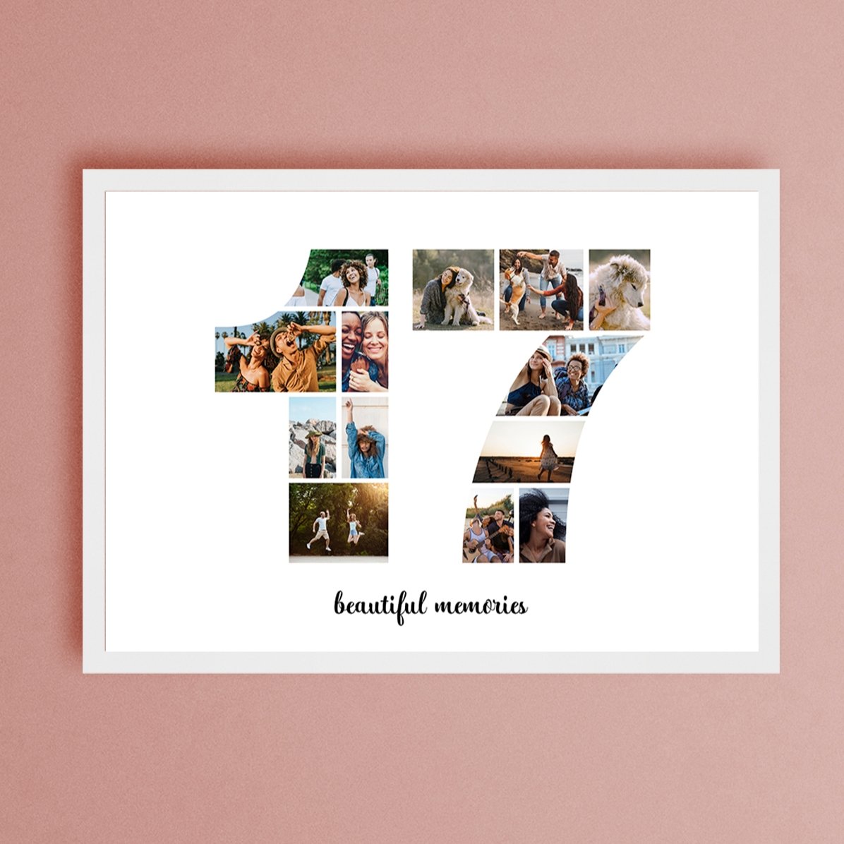 Quadro paesaggistico personalizzato con 13 foto del modello n. 17 e un messaggio di testo