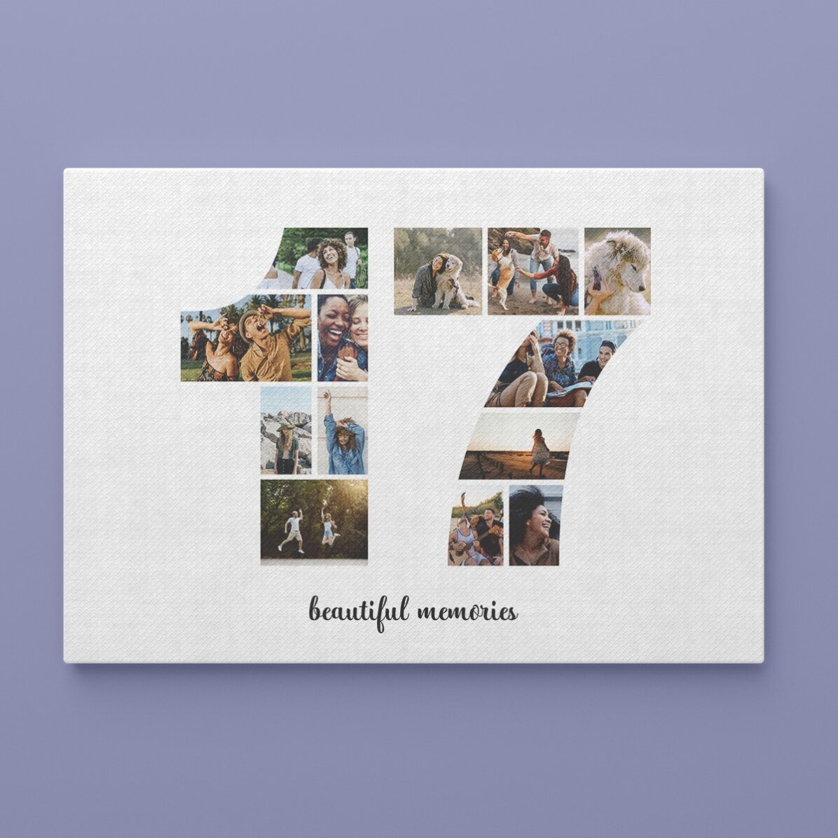 Quadro paesaggistico personalizzato con 13 foto del modello n. 17 e un messaggio di testo