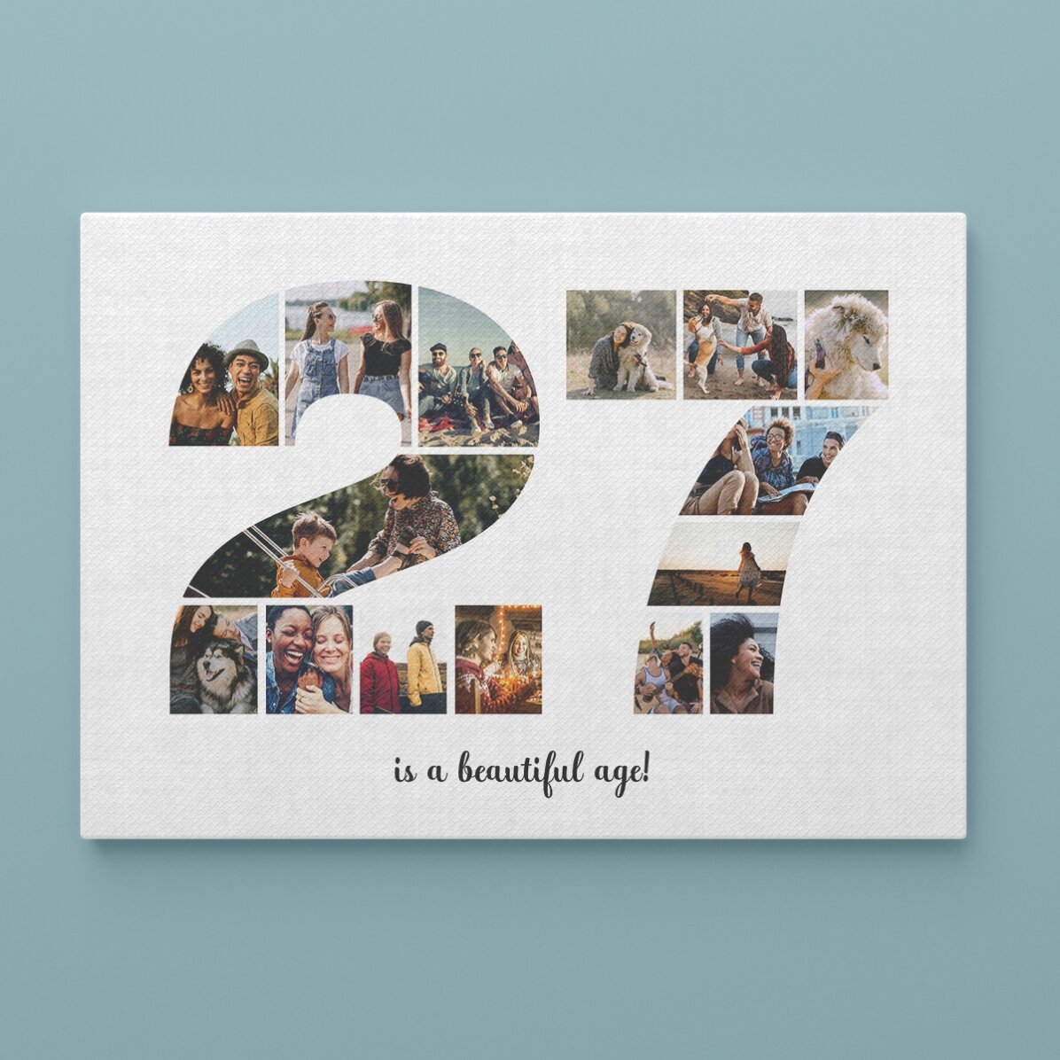 Quadro paesaggistico personalizzato con 15 foto, modello n. 27 e messaggio di testo