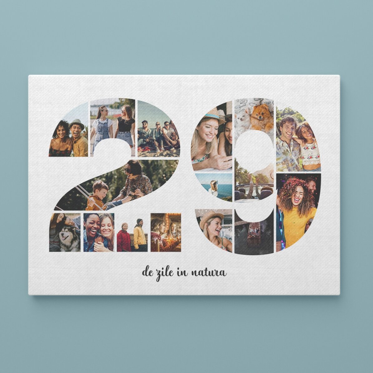 Quadro personalizzato in formato orizzontale con 16 foto, modello n. 29 e messaggio di testo