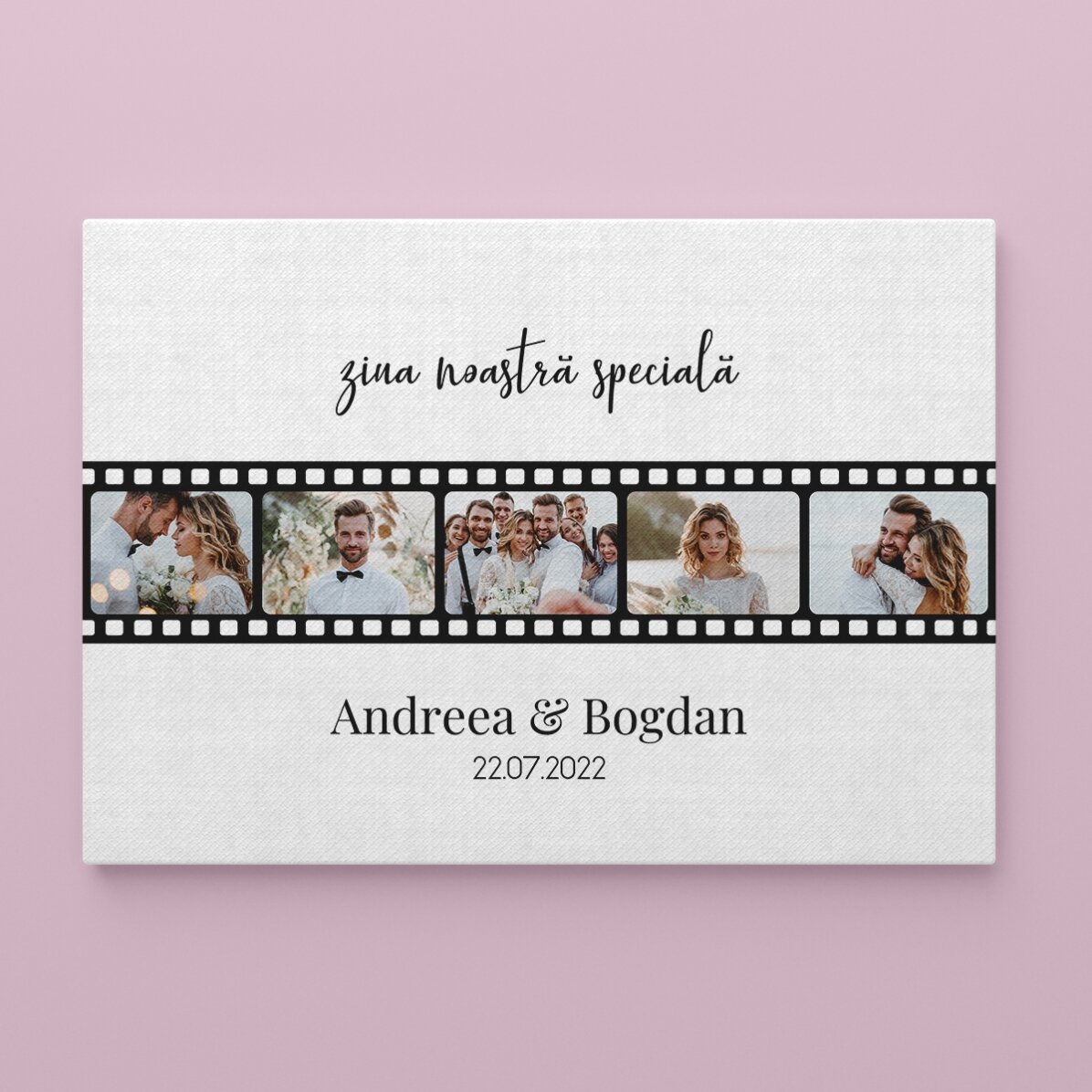 Personalised landscape canvas with 5 photos and text - our special day