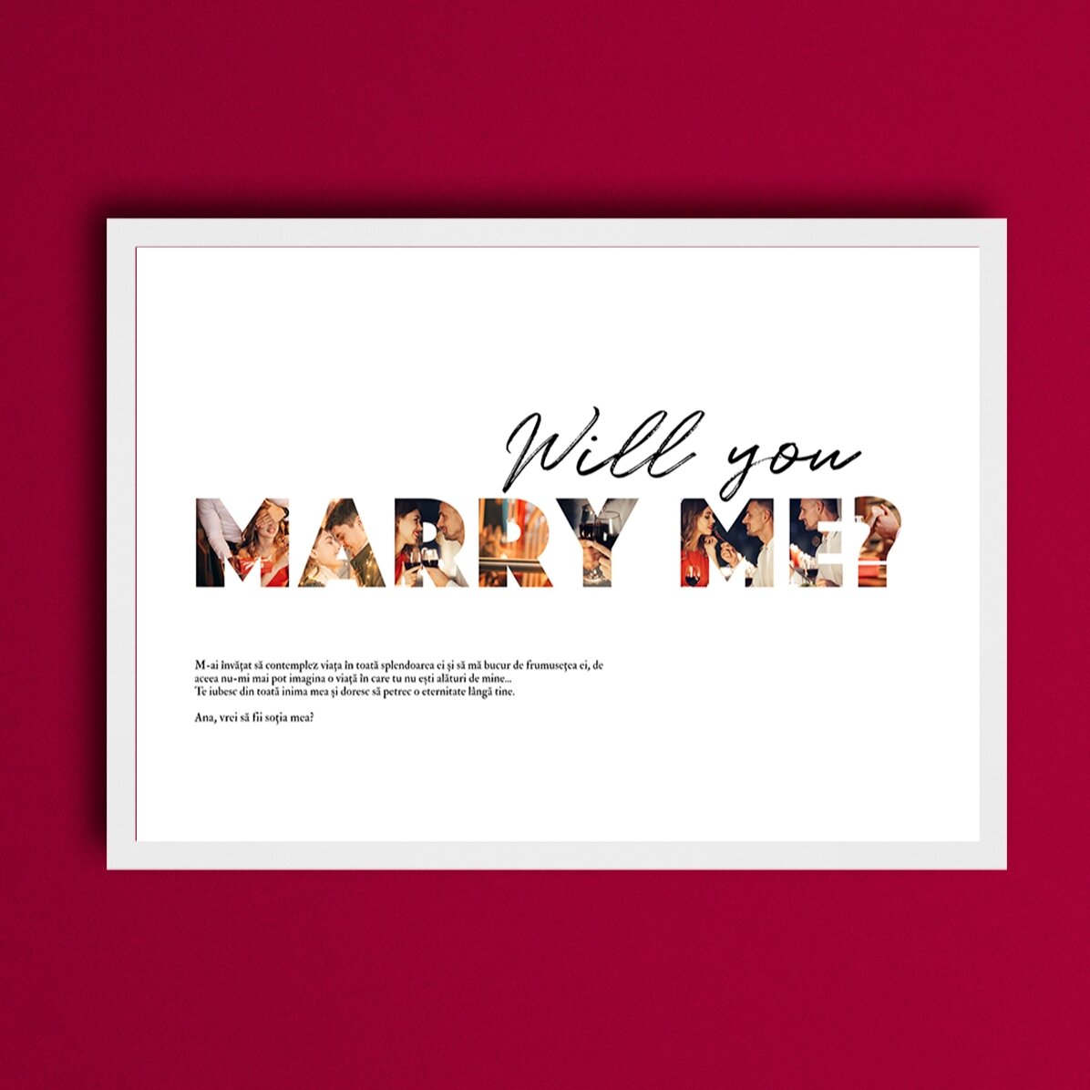 Quadro personalizzato in formato orizzontale con 8 foto e testo - “Will you marry me?”