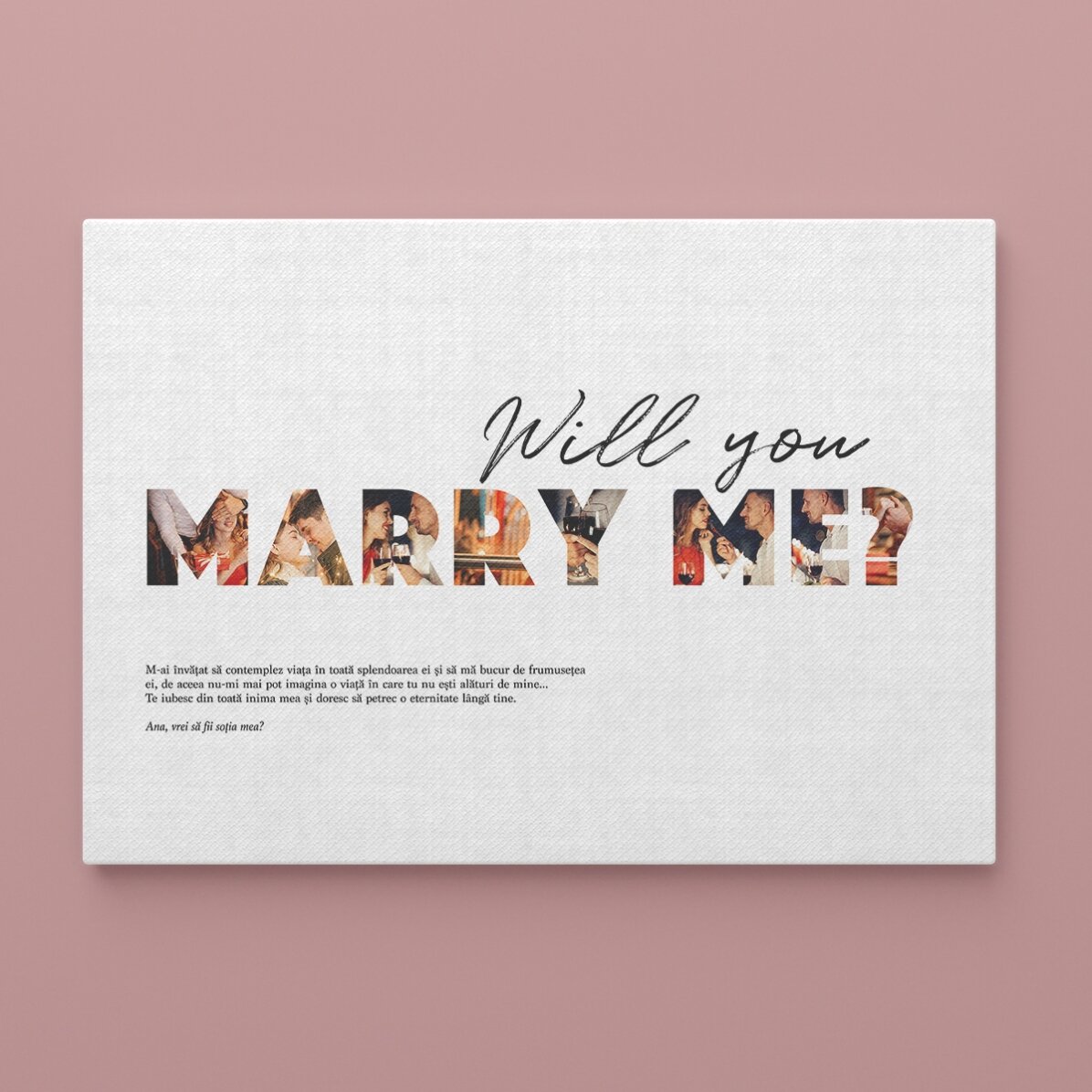 Quadro personalizzato in formato orizzontale con 8 foto e testo - “Will you marry me?”