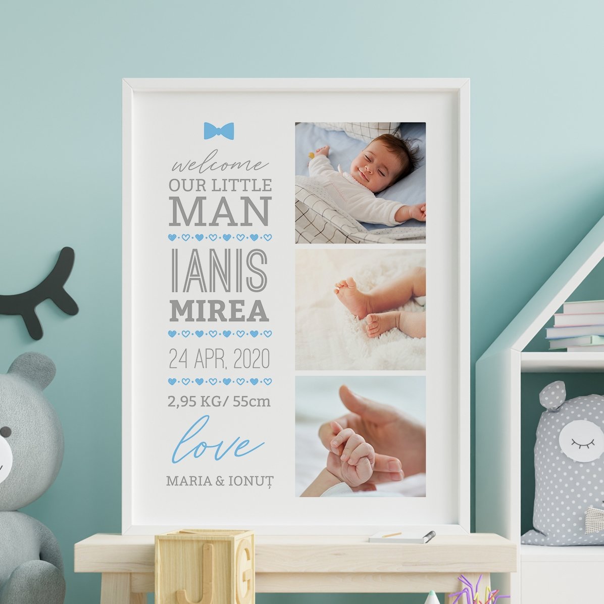 Quadro personalizzato con testo e 3 foto - Hello, baby (Maschietto)