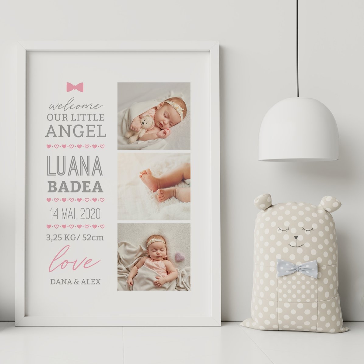 Quadro personalizzato con testo e 3 foto - Hello, baby (Bambina)