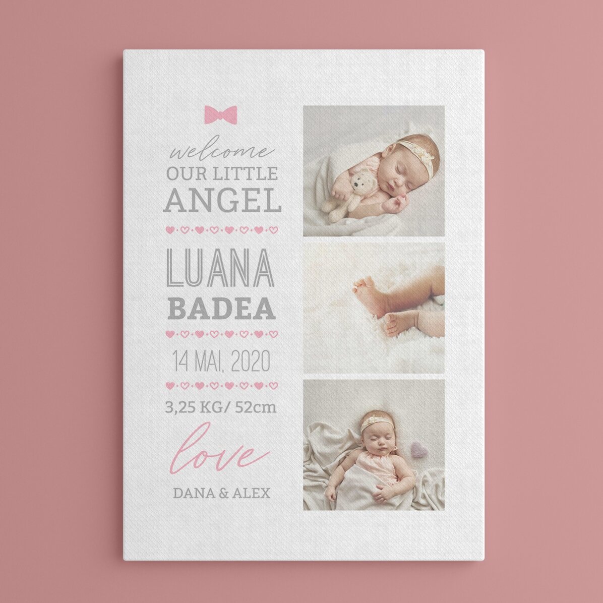 Quadro personalizzato con testo e 3 foto - Hello, baby (Bambina)