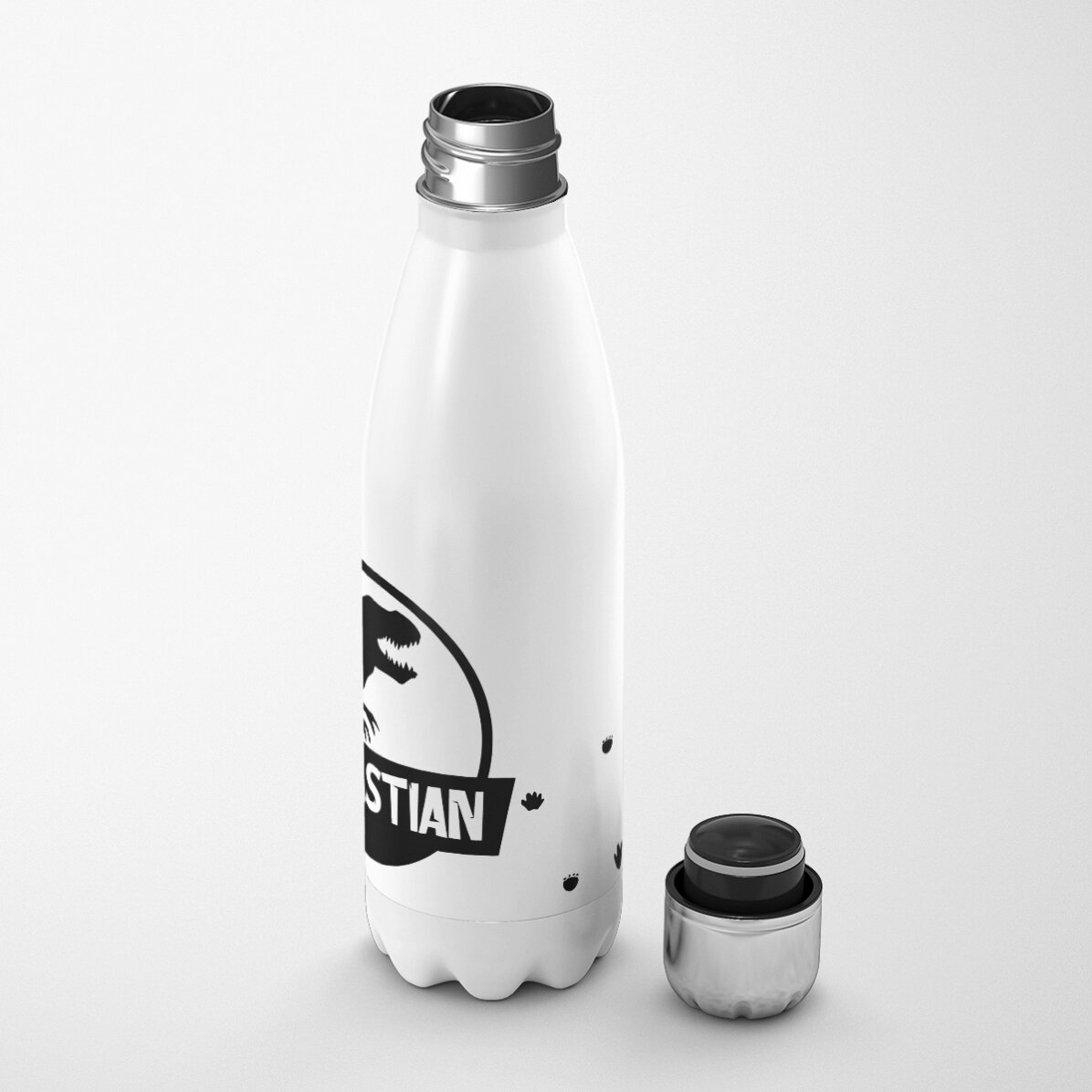 Thermos with white base personalised with name - Black T-Rex dinosaur