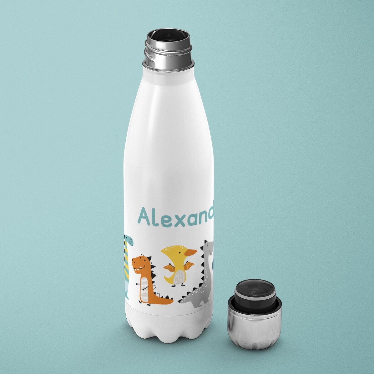 Thermos con base bianca personalizzato con nome - Dinosauri