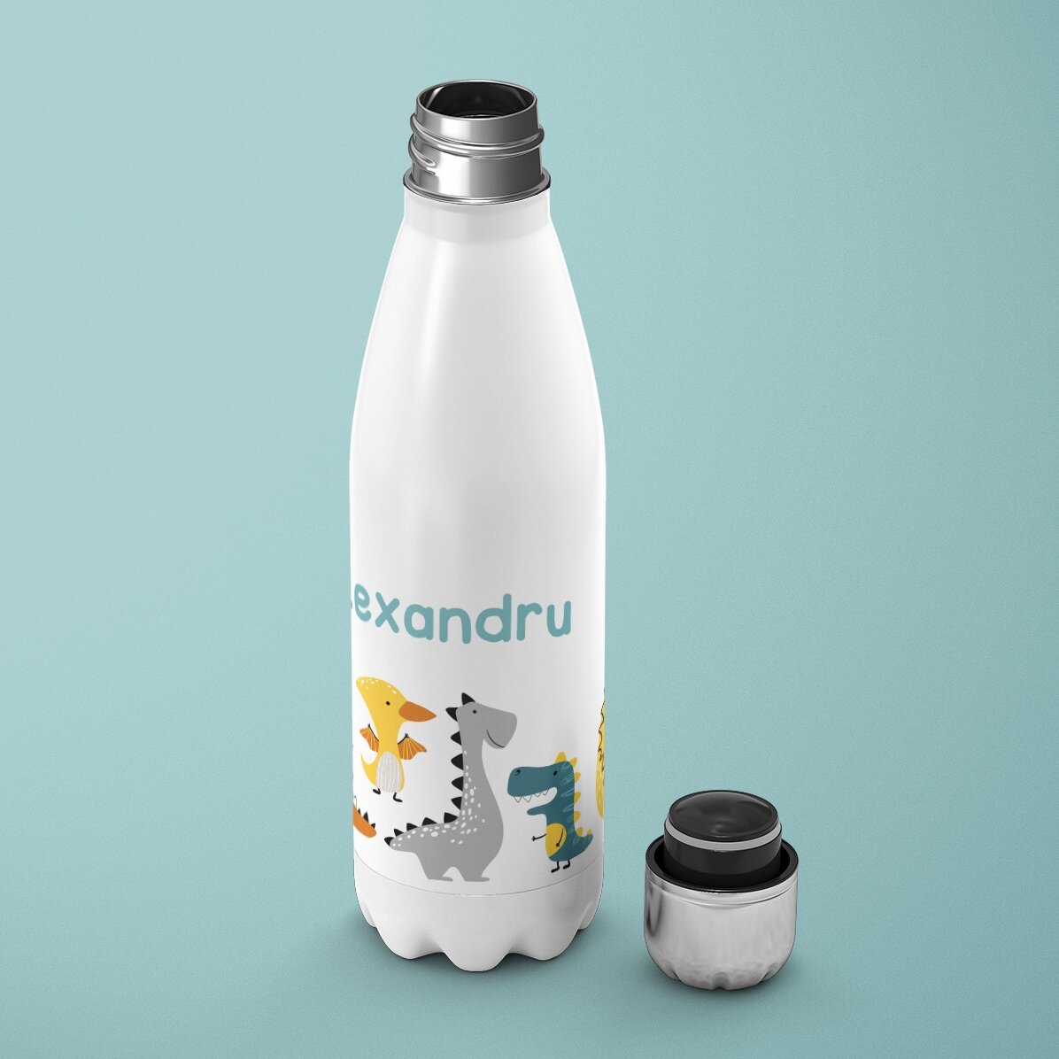 Thermos con base bianca personalizzato con nome - Dinosauri
