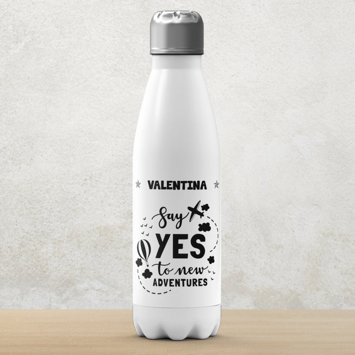 Thermos with white base personalised with name - New Adventures