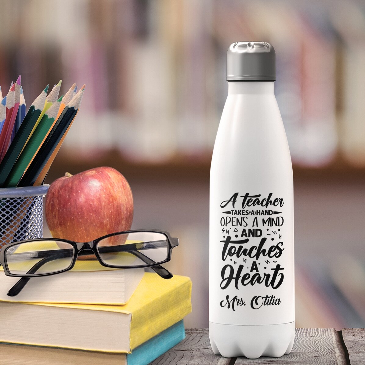 Thermos con base bianca personalizzato con il nome per gli insegnanti - Touch a heart