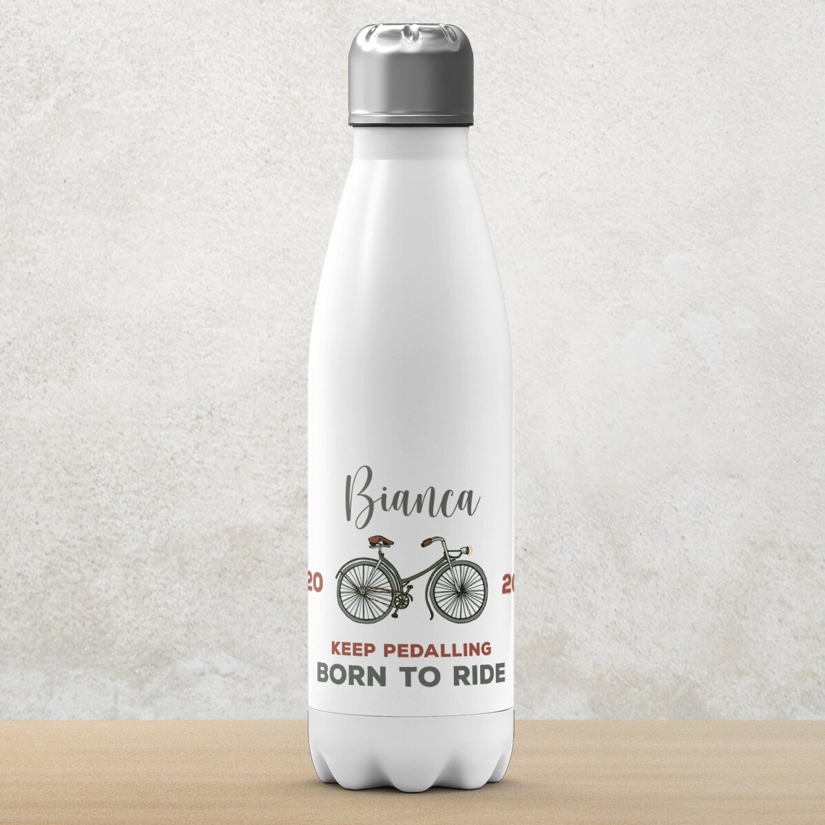 Thermos with white base personalised with name and text - Bicycle
