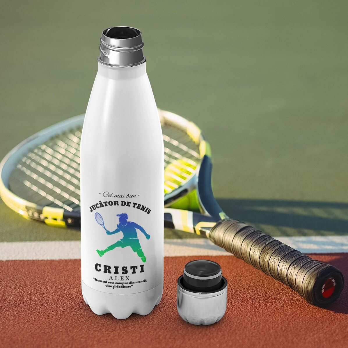 Thermos con base bianca personalizzato con nome e testo - Giocatore di tennis