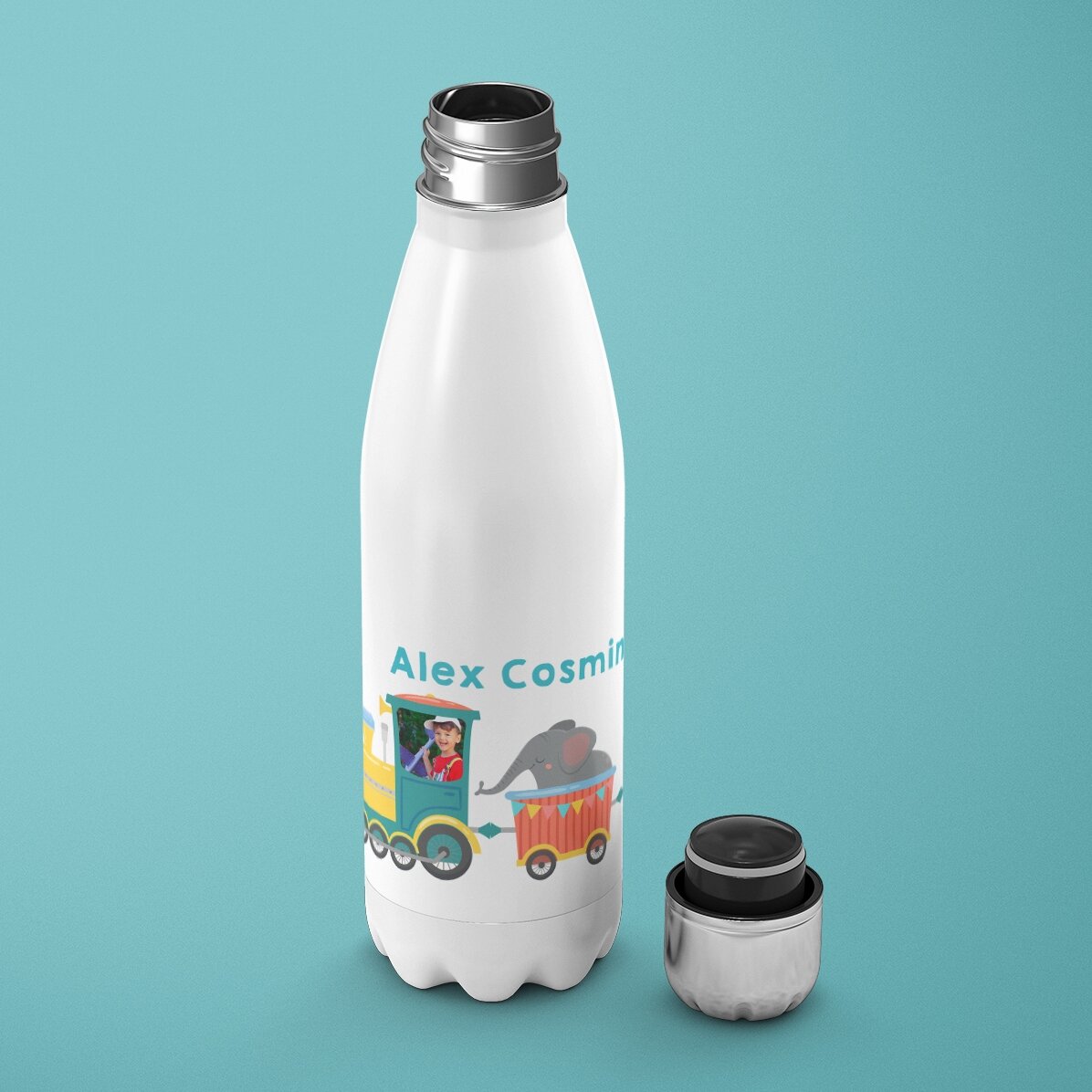 Thermos con base bianca personalizzato con nome - Trenino