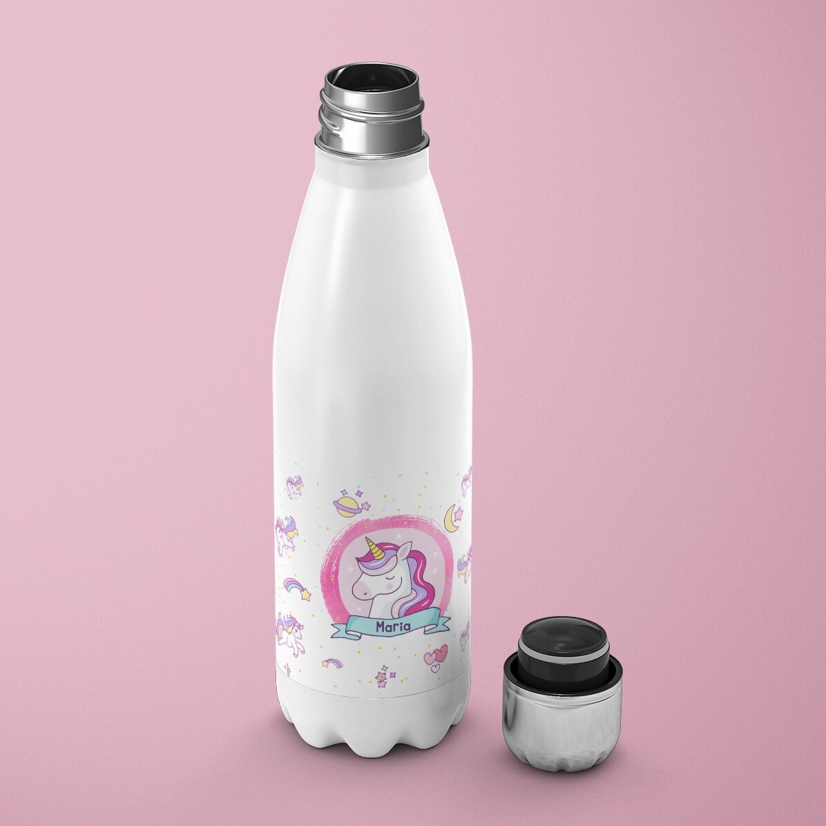 Thermos con base bianca personalizzato con nome - Unicorni