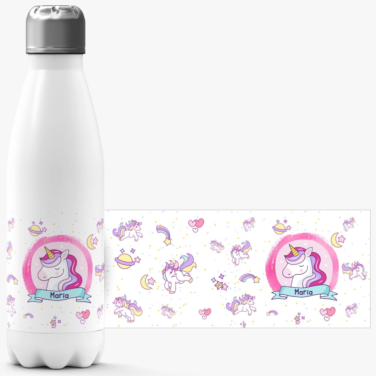 Thermos con base bianca personalizzato con nome - Unicorni
