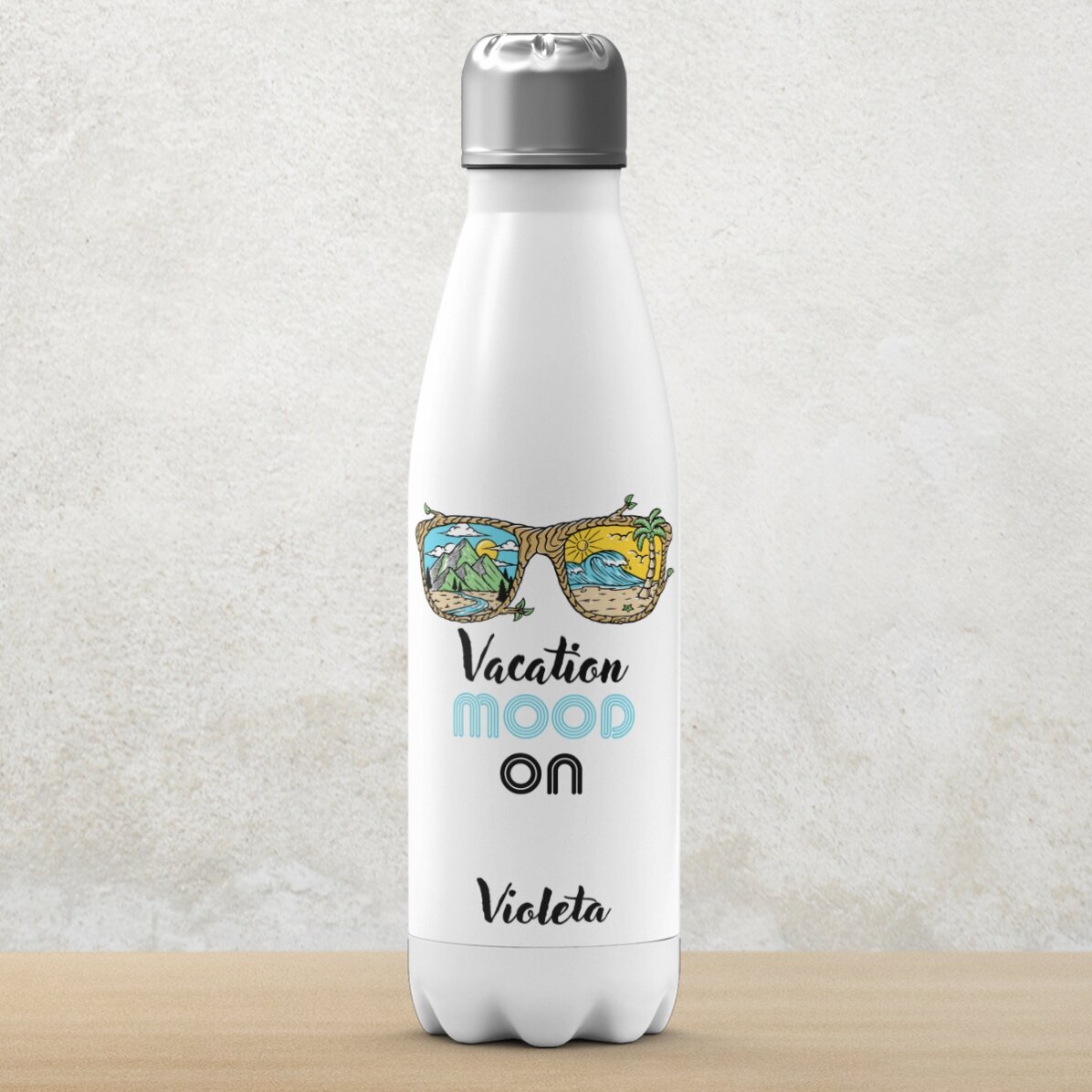 Thermos con base bianca personalizzato con nome - Vacation mood ON