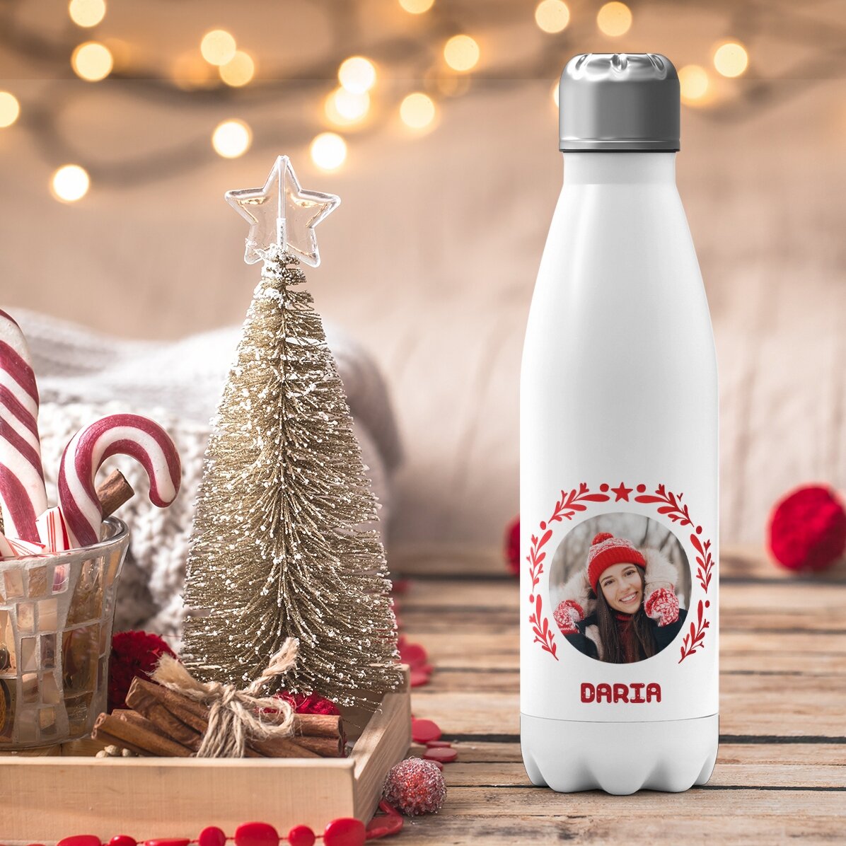 Thermos con base bianca personalizzato con foto e testo - modello natalizio