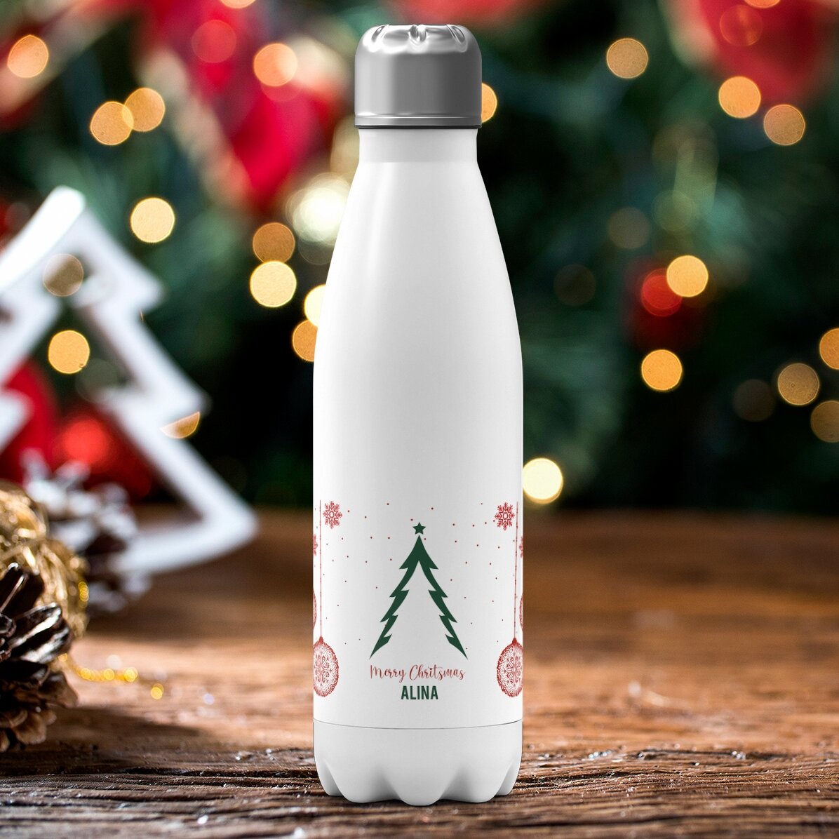 Thermos con base bianca personalizzato con scritta - Albero di Natale