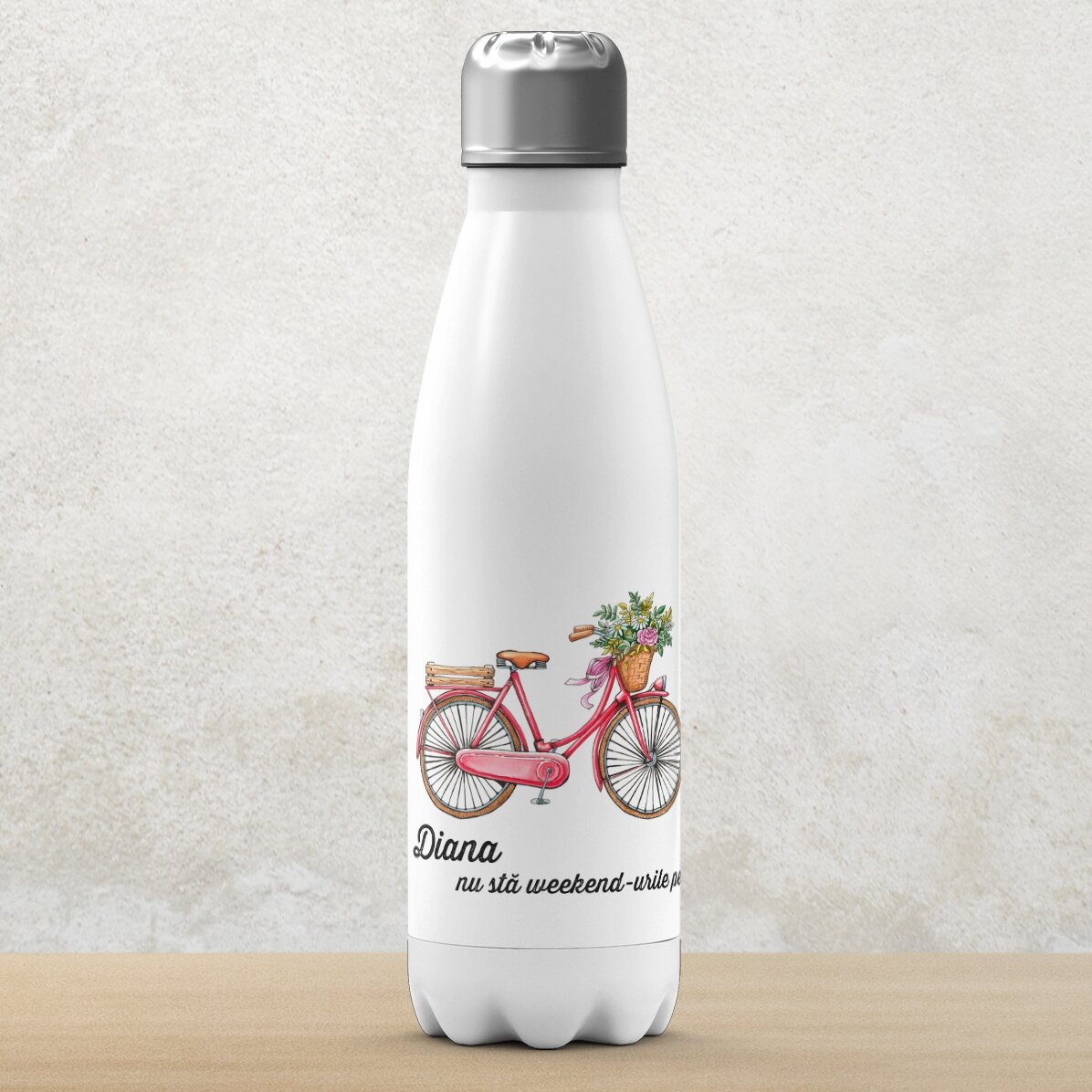 Thermos with white base personalised with text - retro bicycle model