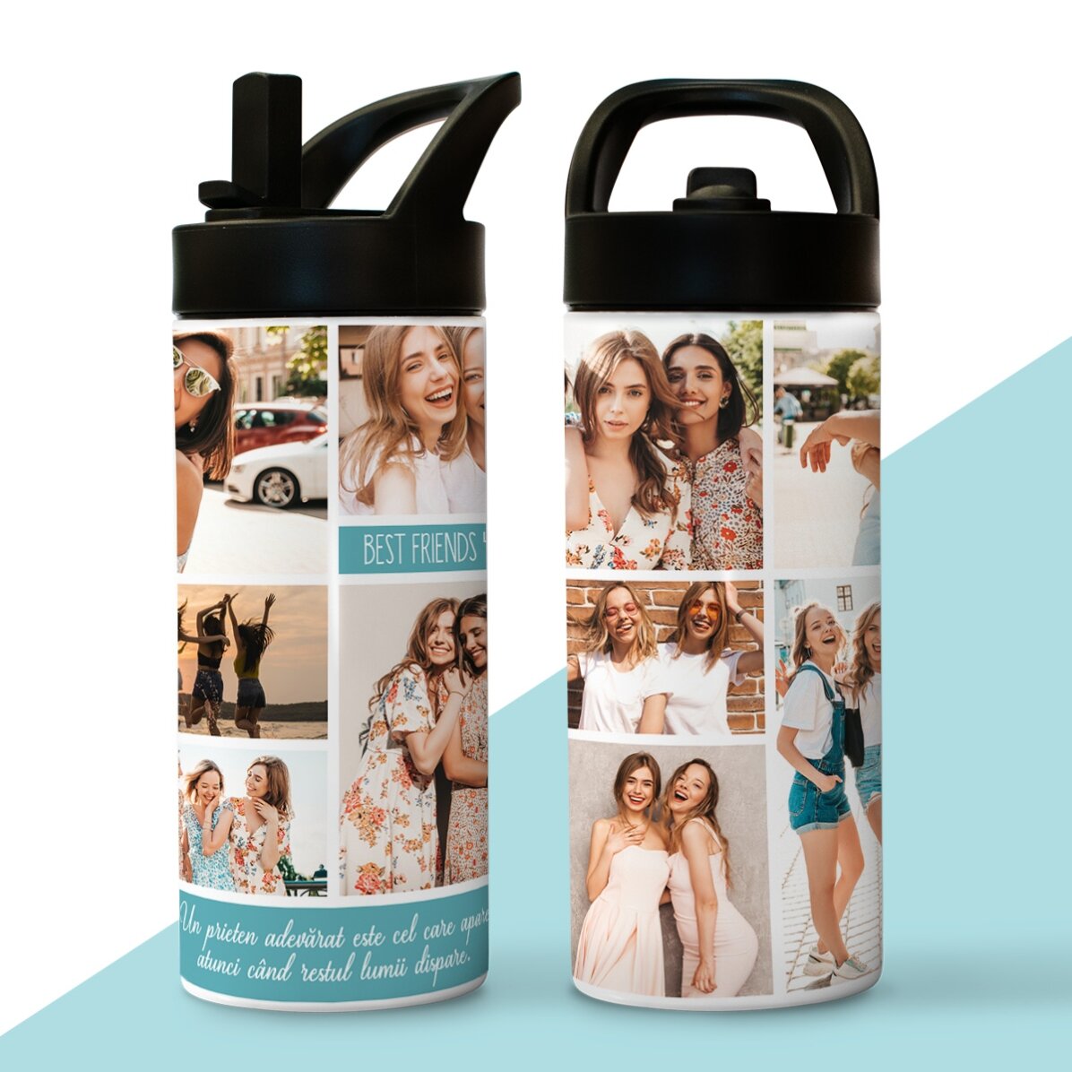 Thermos con manico e cannuccia personalizzato con collage di foto e testo