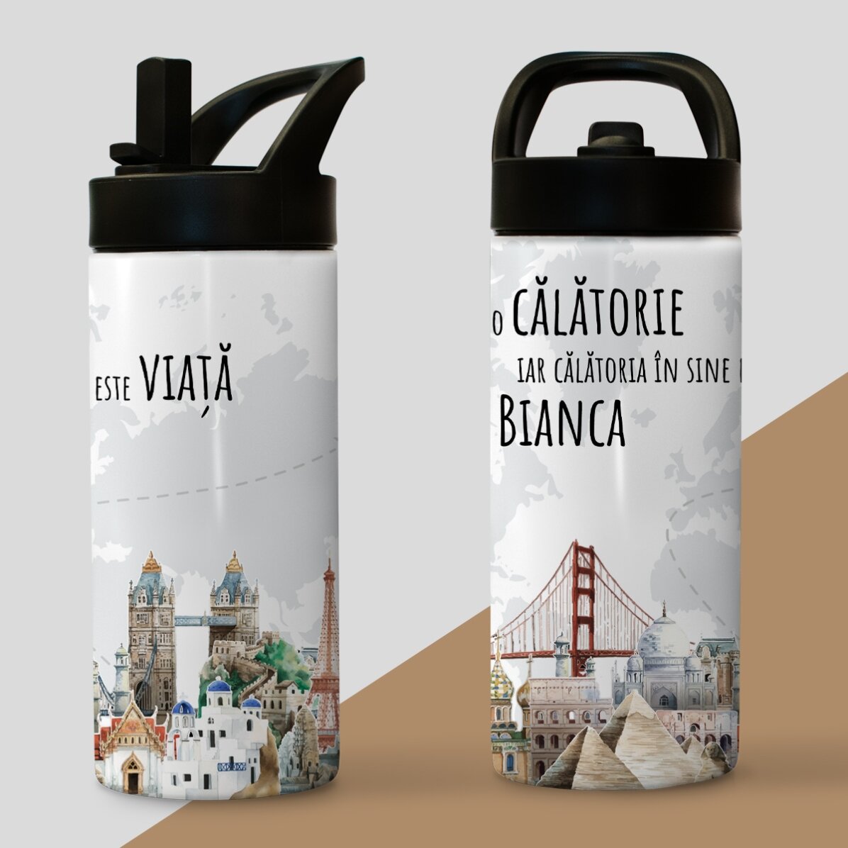 Tazza termica con manico e cannuccia personalizzata con nome - Il viaggio è la vita