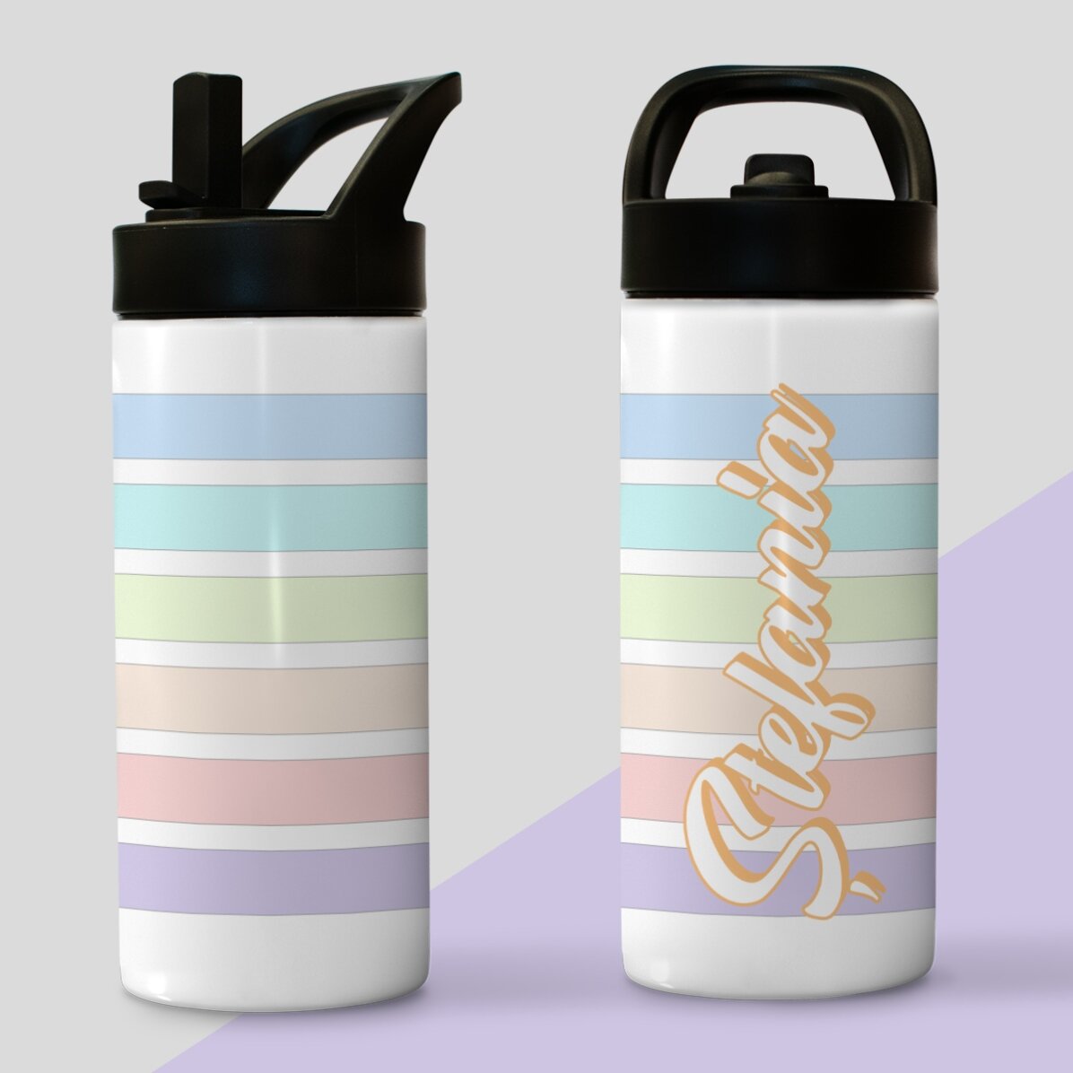 Tazza termica con manico e cannuccia personalizzata con nome - Strisce colorate