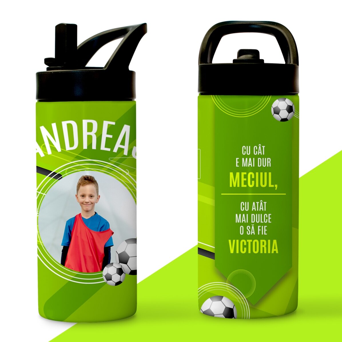Thermos con manico e cannuccia personalizzato con testo e foto - Il piccolo calciatore