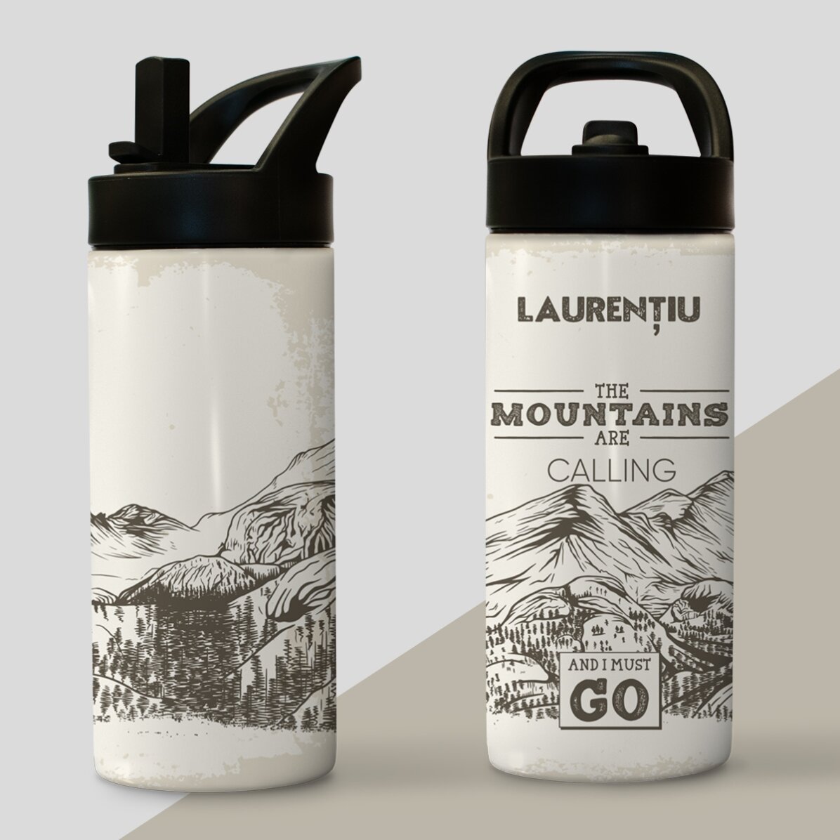 Tazza termica con manico e cannuccia personalizzata con nome - Mountains are calling