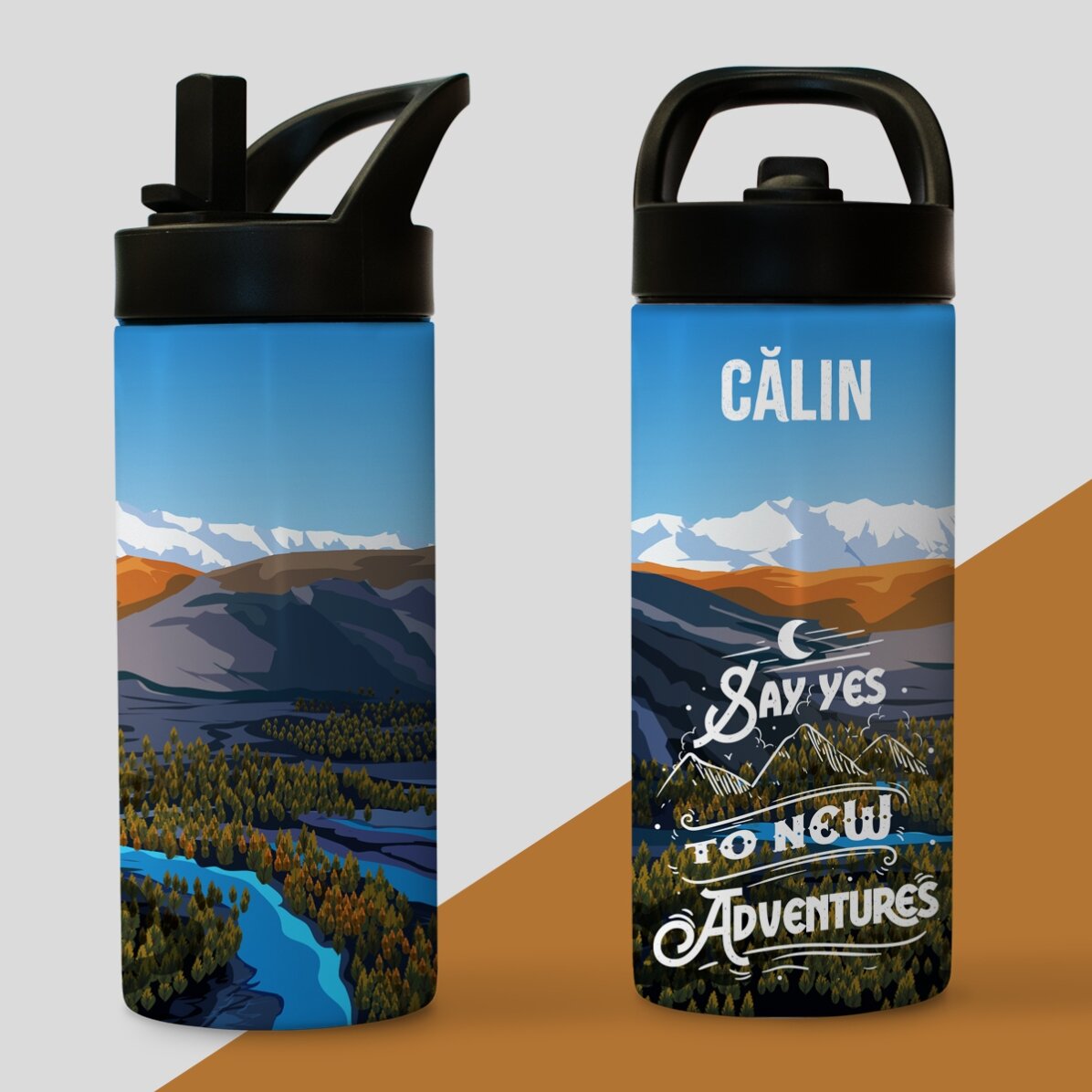Thermos con manico e cannuccia personalizzato con nome - New adventures