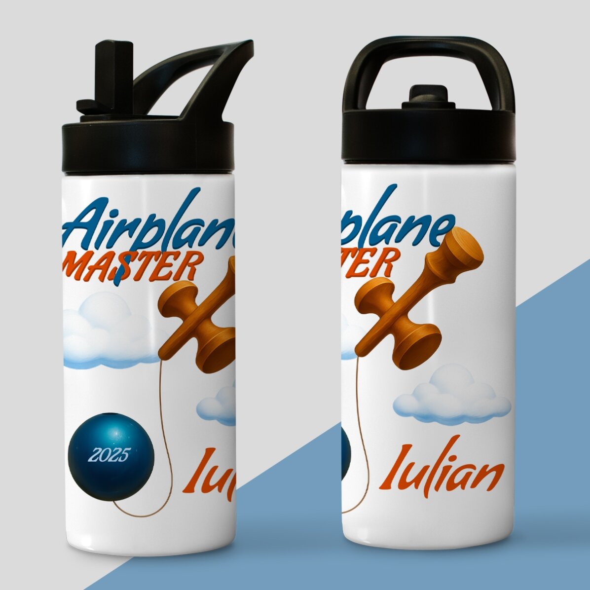 Tazza termica con manico e cannuccia personalizzata con nome per bambini - Airplane Master