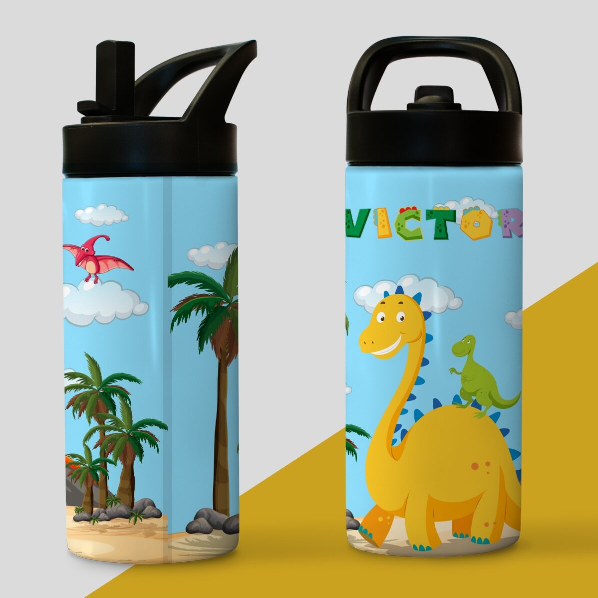 Thermos con manico e cannuccia personalizzato con nome per bambini - Dino