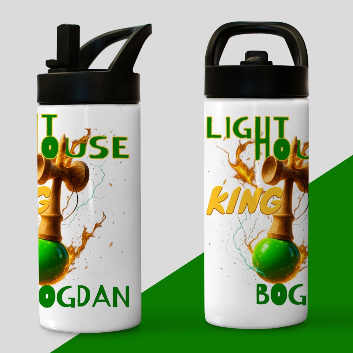 Thermos con manico e cannuccia personalizzato con nome per bambini - Lighthouse King