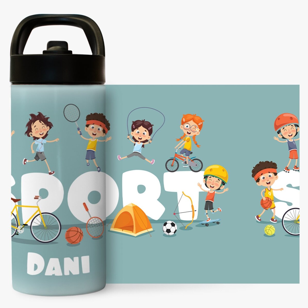 Tazza termica con manico e cannuccia personalizzata con nome per bambini - Sport