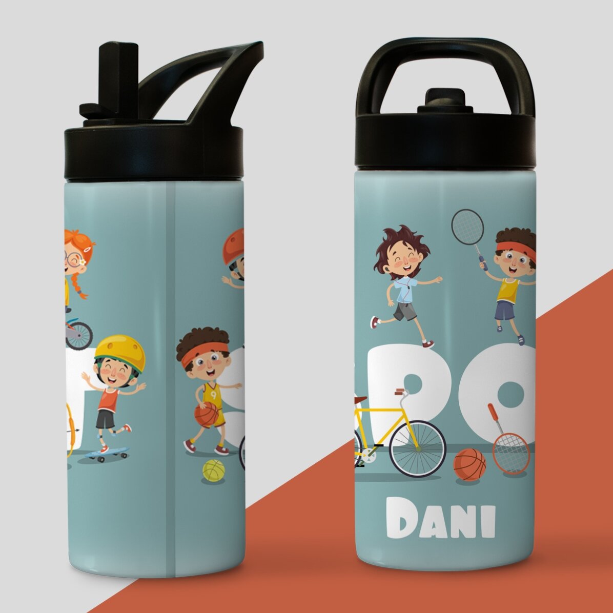 Tazza termica con manico e cannuccia personalizzata con nome per bambini - Sport